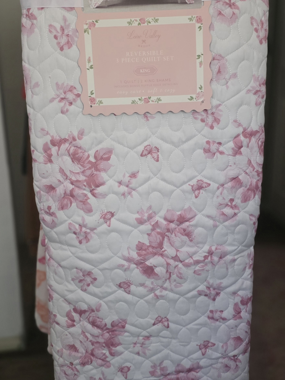 Reversible Pink Floral Quilt Set - Soft Pink
